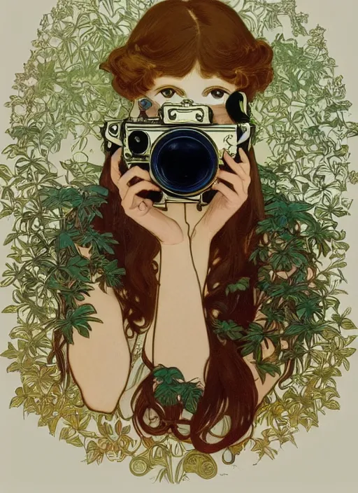 Image similar to photographer looking through a vintage camera, design on white background, beautiful details, lush foliage, gold, drawn by john singer sargent, studio ghibli, alphonso mucha, lolish, trending on artstation