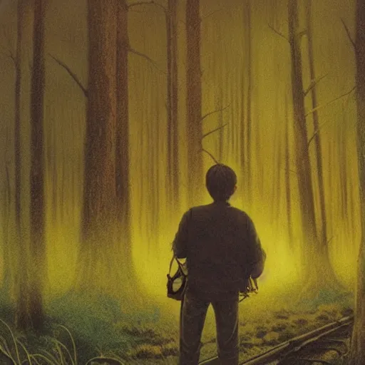 Image similar to stand by me, movie still, river phoenix looking at a ufo, night time forest with a ufo sitting in the fog, scary, matte detailed photo, DeviantArt, Artstation, by donato giancola, ralph horley, loish, ufo lighting