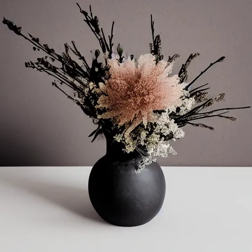 Image similar to monochrome watercolor high vase with dry flowers, background shifon