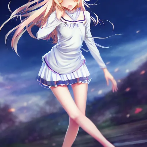 Image similar to a very beautiful anime cute girl, full body, long wavy blond hair, sky blue eyes, full round face, short smile, fancy top, miniskirt, front view, medium shot, mid-shot, highly detailed, cinematic wallpaper by Stanley Artgerm Lau