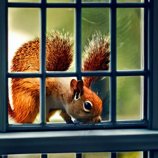 Image similar to Fifteen squirrels looking in from a window on a dining room table. Beautiful natural lighting. Photograph.