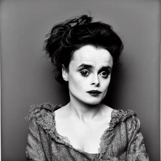 Image similar to photo of Helena Bonham Carter by Diane Arbus, black and white, high contrast, Rolleiflex, 55mm f/4 lens