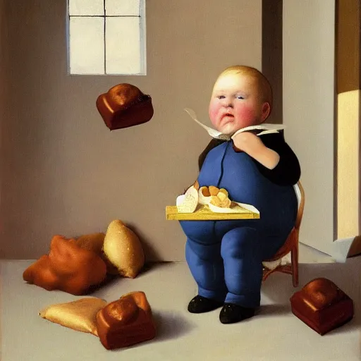 Image similar to a very fat boy eating chocolates with wrappers on the floor by Raphael, Hopper, and Rene Magritte. detailed, romantic, enchanting, trending on artstation.