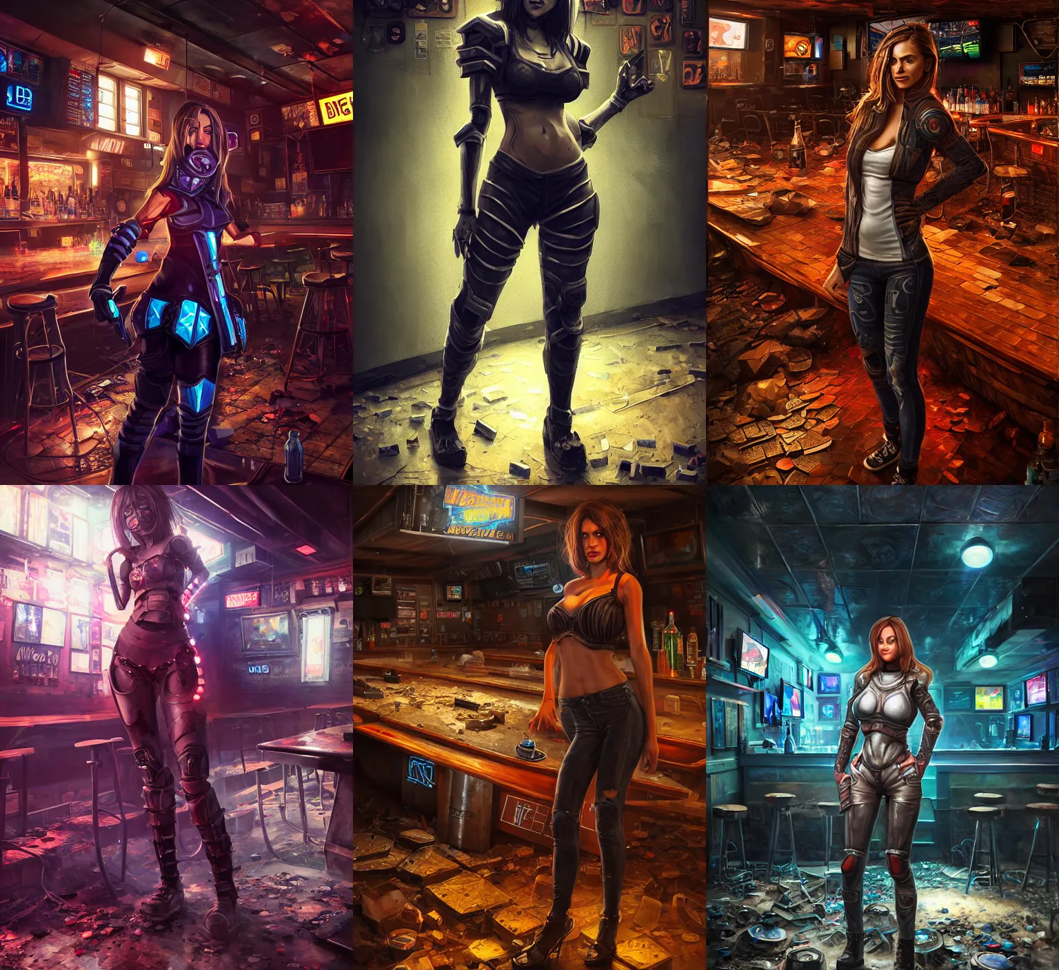 Prompt: hyper detailed ultra sharp full body character portrait of a woman wearing hextech armor standing in a destroyed dive bar, with a realistically proportioned face, cinematic lighting, good value control, smooth, realistic shading, realistic face details, smooth, highly detailed, digital painting, painted texture maps, illustration, painted texture maps, substance painter