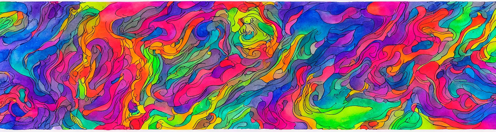 Prompt: Hissing wisps of colorful smoke escape from the strange machine in the sprawling workshop. Black ink line drawing over a watercolor. Cosmic colors. 4K.