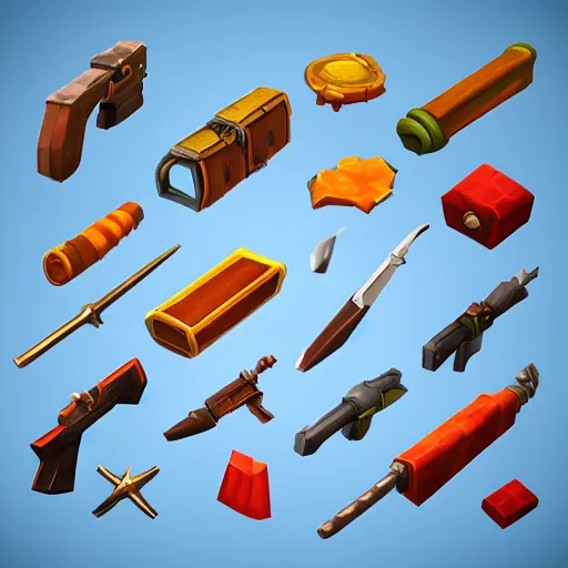 Prompt: stylized weapon icons, 3D, isometric