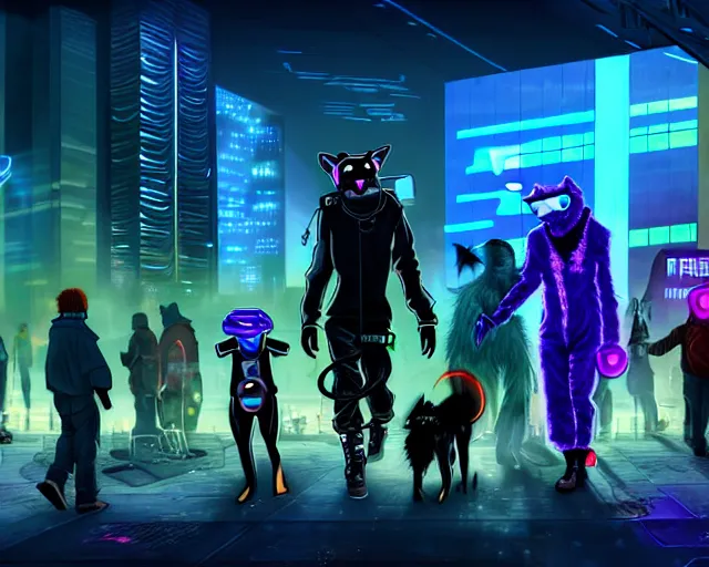 Image similar to high - resolution photograph from a cyberpunk era furry fandom convention ( midwest furfest 2 0 4 7 ), taking place after the genetic revolution and quantum singularity. photorealistic.