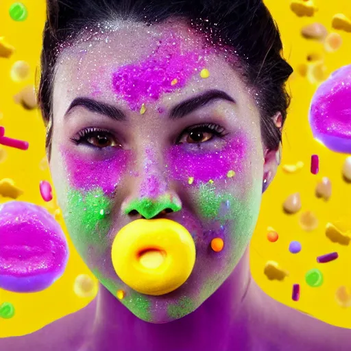 Prompt: a woman with different colour slimes and golden sprinkles on face.