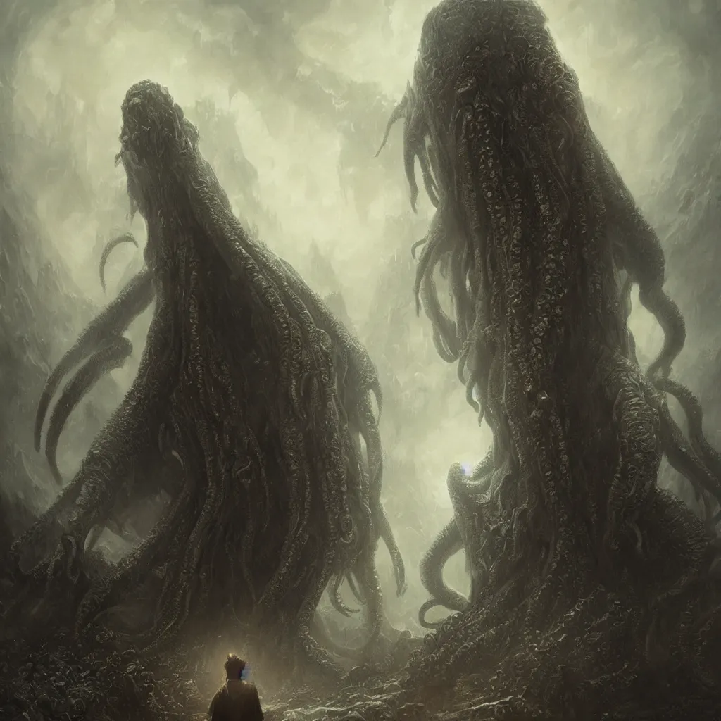 Image similar to human looking at big monstrosity portrait of cthulhu, hyperdetailed, artstation, cgsociety, by greg rutkowski, by gustave dore