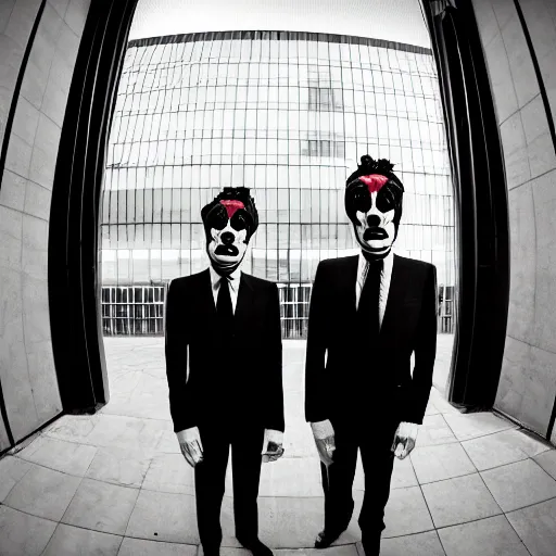 Prompt: cctv fisheye lens 35mm picture of two clowns dressed in suits looking at the camera menacingly, dramatic lighting, low res