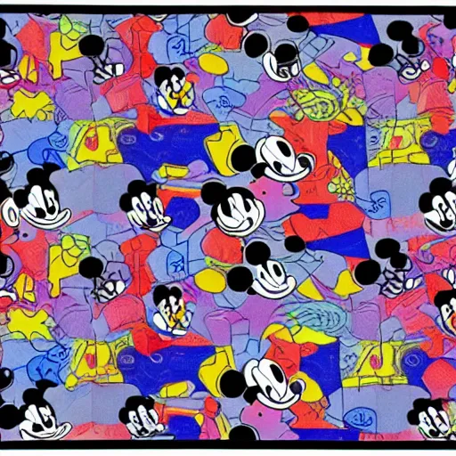 Prompt: trippy mickey mouse blotter art, acid tabs