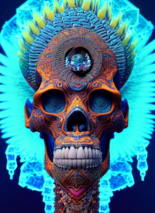 Image similar to 3 d shaman with tattoos profile portrait, sigma 5 0 0 mm f / 5. beautiful intricate highly detailed quetzalcoatl skull and feathers. bioluminescent, plasma, lava, ice, water, wind, creature, thunderstorm! artwork by tooth wu and wlop and beeple and greg rutkowski, 8 k trending on artstation,