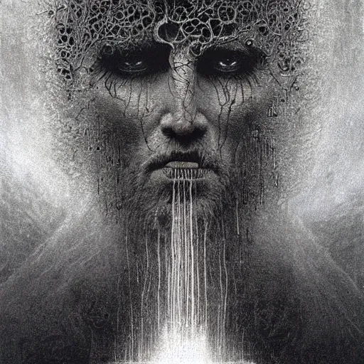 Prompt: thor, god of thunder, art by beksinski