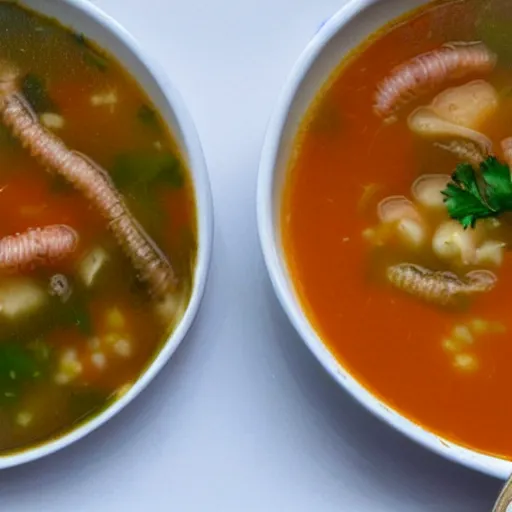 Prompt: a soup with worms