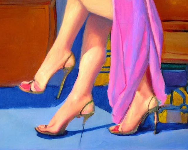 Image similar to high detail but easy to watch peaceful painting of a woman's feet in high heeled sandals made by Stable Diffusion AI