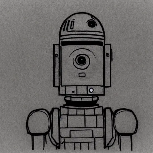 Prompt: Court sketch of a droid with googly eyes talking to a wall