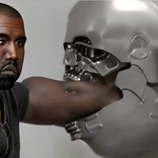 Prompt: Film still of kanye west as the terminator, red eyes, face exoskeleton