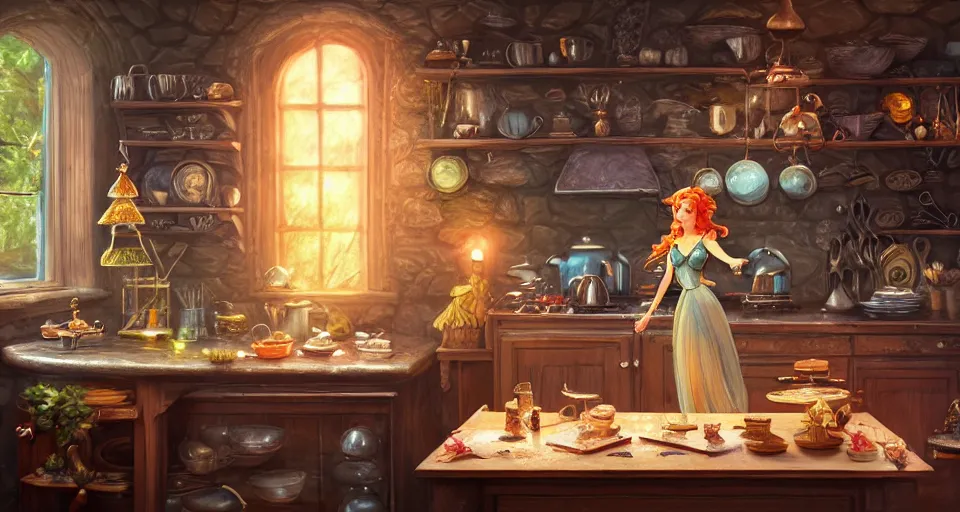 Image similar to a mid - shot of a fairy in a vintage magical kitchen, with one vintage book on a table, with a fireplace in the background d & d, fantasy, intricate, elegant, highly detailed, digital painting, artstation, concept art, smooth, sharp focus, illustration