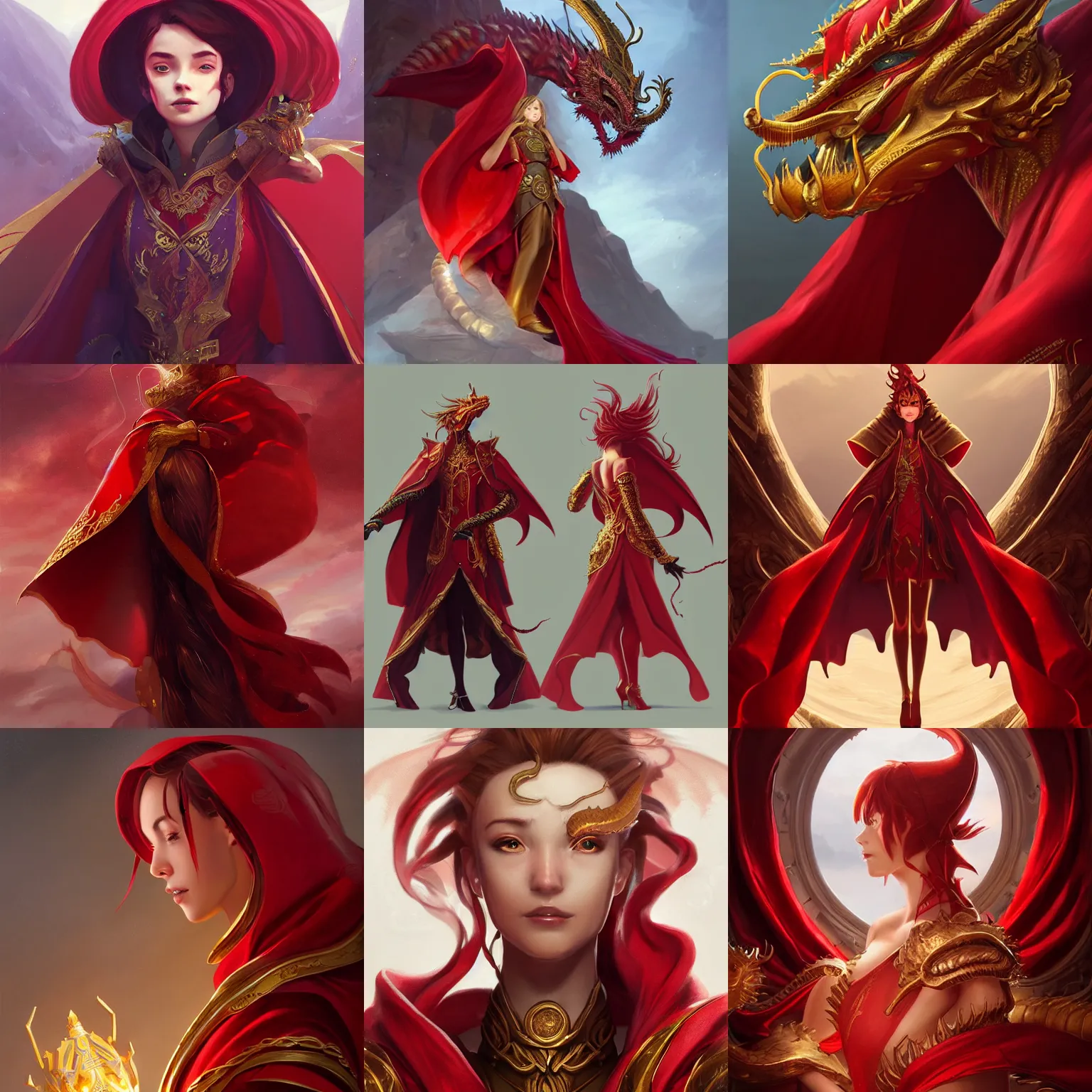Prompt: portrait of a brass dragon wearing a red dress and a red cloak, fantasy, character design by charlie bowater, ross tran, artgerm, and makoto shinkai, detailed, soft lighting, rendered in octane