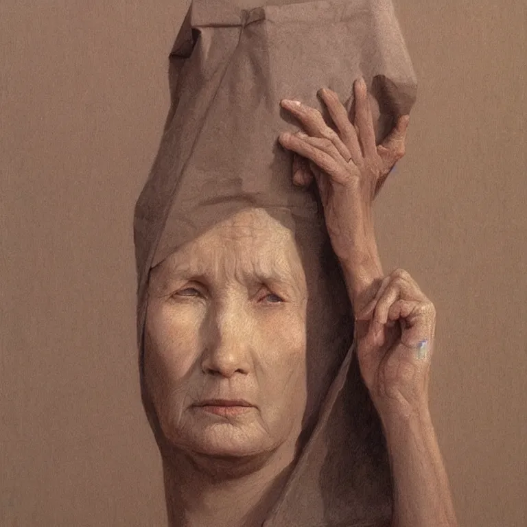 Image similar to woman portrait with a paper bag over the head, highly detailed, artstation, art by zdislav beksinski, wayne barlowe, edward hopper