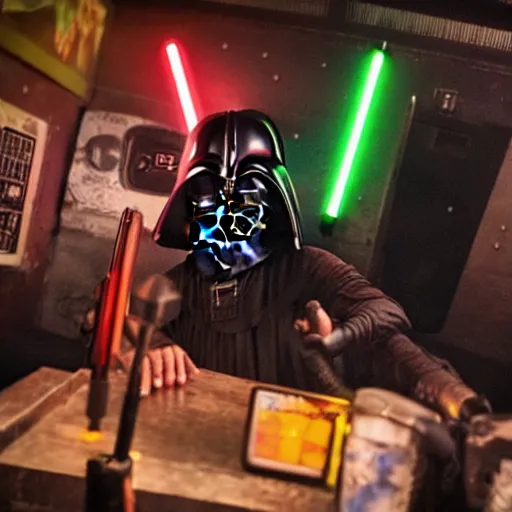 Prompt: darth punk singing singing karaoke in a rundown cyberpunk bar