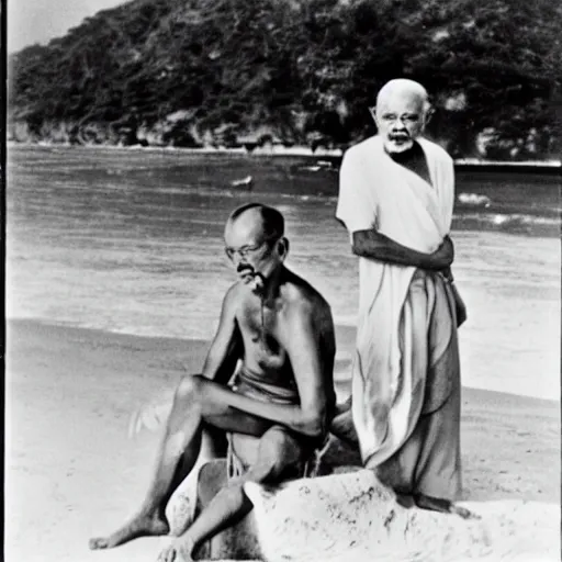 Prompt: ghandi and jesus drinking cocktails on a thailand beach