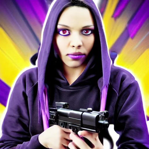 Image similar to poster artwork, sci fi, a female, full body, black hoodie techie, black hair with purple streaks, holding a gun, 8 k