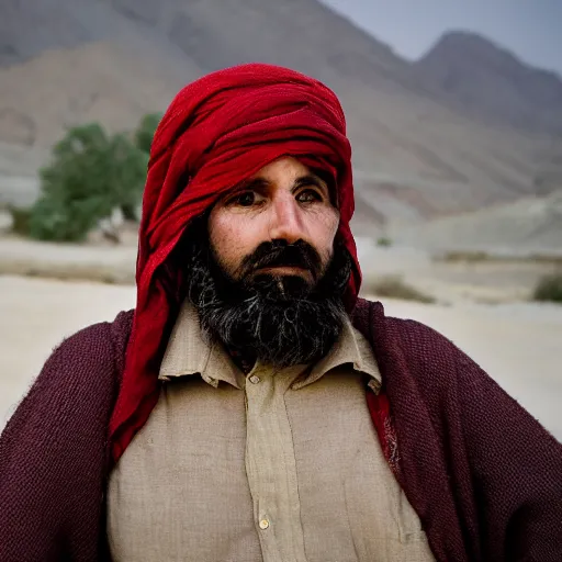 Prompt: portrait of matt christman as afghan man, green eyes and red scarf looking intently, photograph by steve mccurry