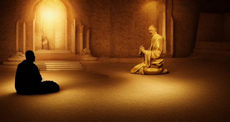 Prompt: a golden statue of a monk praying inside if a desert temple, atmospheric lighting, 4 k