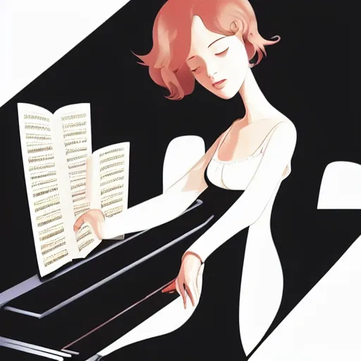 Prompt: woman sleeping on a piano, clean cel shaded vector art. shutterstock. behance hd by lois van baarle, artgerm, helen huang, by makoto shinkai and ilya kuvshinov, rossdraws, wide angle shot, illustration