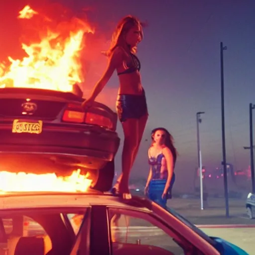 Image similar to movie still from the movie spring breakers (2012), rendering of a woman standing on top of a car holding a fire extinguisher, uhd, 8k, cinematic,