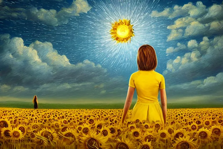 Image similar to giant sunflower as a head, girl walking in wheat field, hills, surreal photography, dark night, star trails, dramatic light, impressionist painting, clouds, digital painting, artstation, simon stalenhag