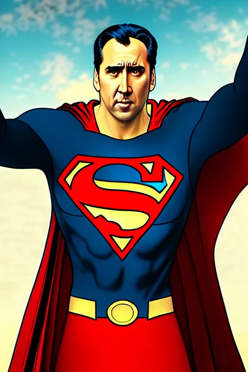 Image similar to nicolas cage as superman, art by artgerm and greg rutkowski and alphonse mucha