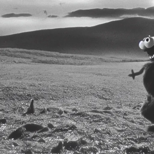 Prompt: a film still of the cookie monster in the seventh seal ( 1 9 5 7 )