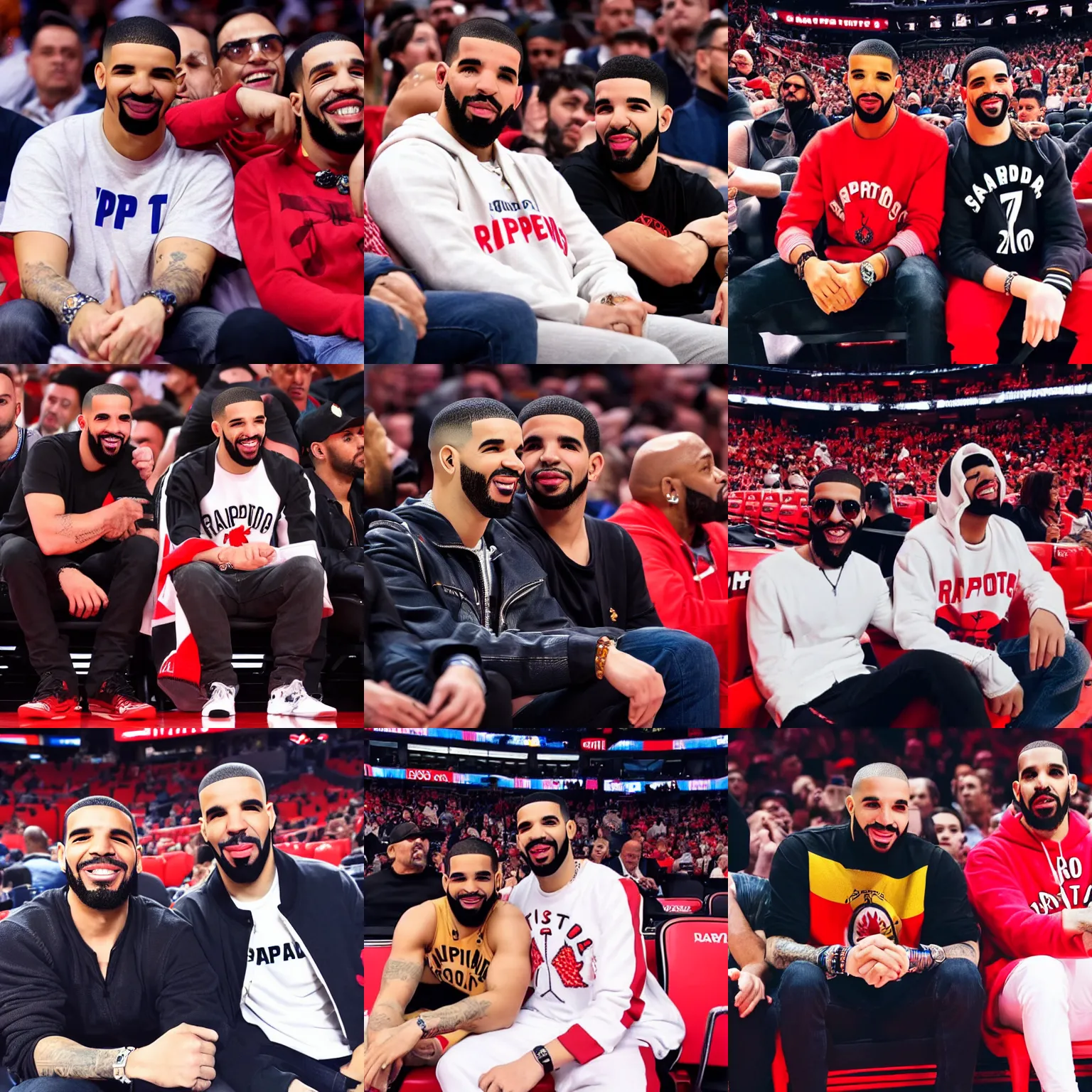 Prompt: spanish man sitting next to drake cheering on the toronto raptors from the stands at scotiabank arena