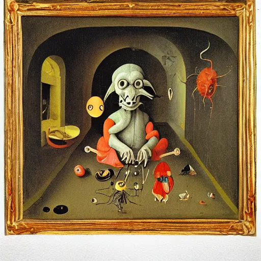 Prompt: richard scary lowly worm by Hieronymus Bosch, painting museum catalog