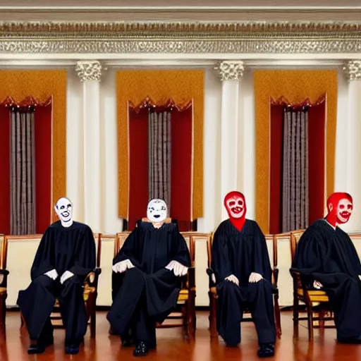 Image similar to 6 Clowns sitting with 3 Justices on the Supreme Court, photorealistic