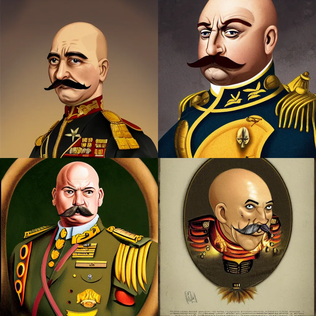 Prompt: an angry muscular army general, thick mustache, bald, orange skin, pear-shaped skull with the thicker part at the bottom, with a bright yellow aureola, high-quality digital art, exaggerated