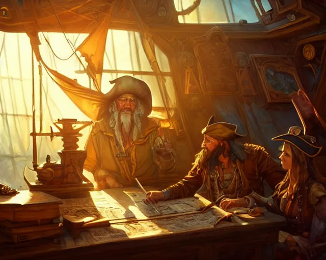 Prompt: an old pirate writing on a treasure map, light coming through window, golden hour, interior, ship, nautical, deep focus, d & d, fantasy, intricate, elegant, highly detailed, digital painting, artstation, concept art, matte, sharp focus, illustration, hearthstone, art by artgerm and greg rutkowski and alphonse mucha