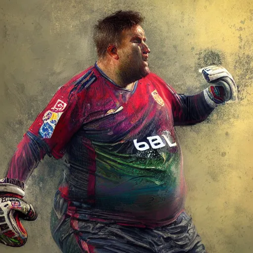 Prompt: A realistic hyperdetailed multi-colored digital oil full body portrait painting of a morbidly obese goal keeper saving a penalty, in the style of Guy Denning, Ruan Jia, and Craig Mullins. Trending on ArtStation and DeviantArt. CGSociety Digital art.