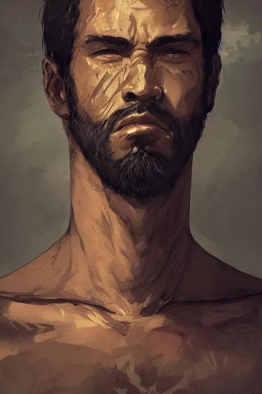 Prompt: very detailed portrait of a rugged man in his early thirties, strong jaws, latino features, wearing a black t - shirt, earthy color scheme, by wlop and krenz cushart and artem demura and artgerm, historical fiction, detailed eyes, starry background, trending, on artstation.