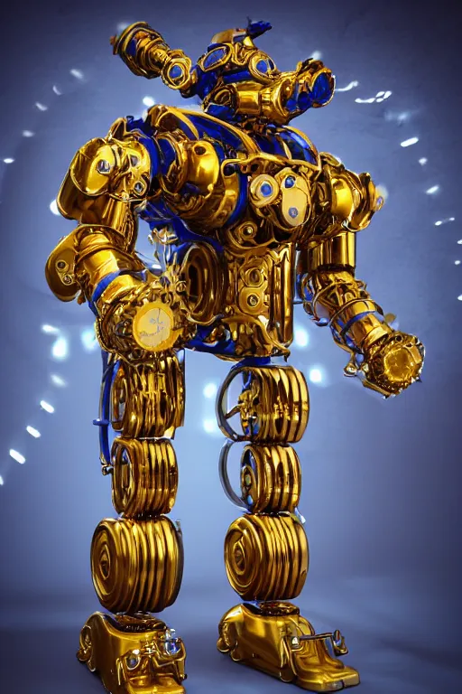 Image similar to portrait photo of a giant muscular golden and blue metal steampunk robot bodybuilder bouncer security with gears and tubes, eyes are police lights, shiny crisp finish, 3 d render, 8 k, insaneley detailed, fluorescent colors, background is multicolored lasershow