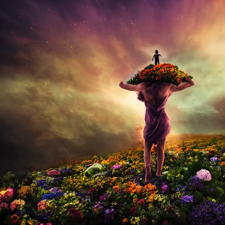 Prompt: a planet of various flowers, fungus and plants, in which the human figure is dressed in something magical and impressive, inside the picture is infinity, sunset light, Atmospheric phenomenon, artistic photography, muted colors, conceptual, long exposure outside the city