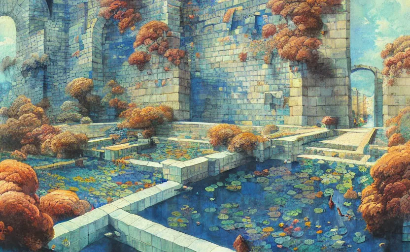 Image similar to tiled room squared waterway, aqueducts, fantasy. intricate, amazing composition, colorful watercolor, by ruan jia, by maxfield parrish, by marc simonetti, by hikari shimoda, by robert hubert, by zhang kechun, illustration, gloomy