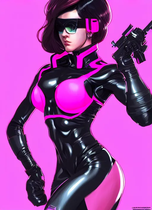 Image similar to female boss, wide angle view, neon pink and black color scheme, highly detailed, artgerm, cushart krenz, metal gear solid style, trending on artstation, soft light, sharp focus, illustration, character design, concept art