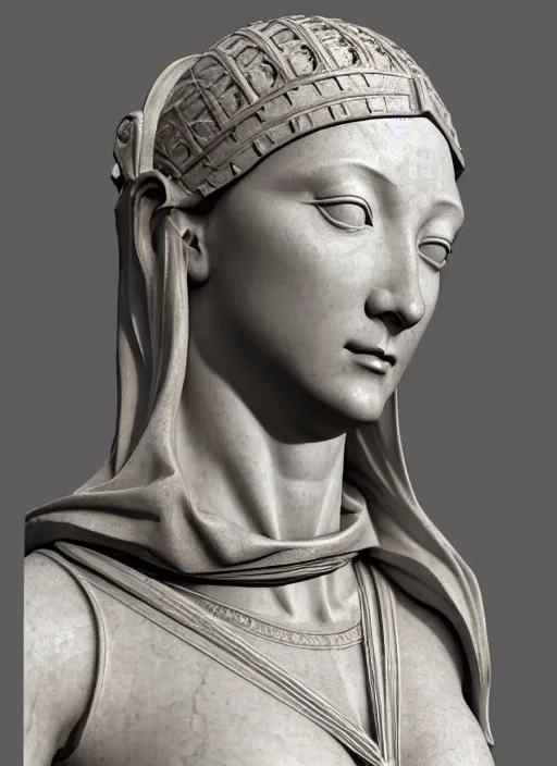 Image similar to a medieval female mercenary, elegant, filigree renaissance sculpture from marble, brilliant symmetry, created by verrocchio andrea, leonardo da vinci, sandro botticelli, raffaelle monti, epic 7 0 mm lens shot, artstation trending, photorealism, sharp focus, smooth, establishing shot, sense of awe