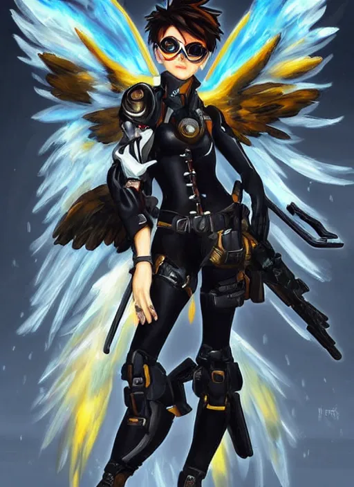 Image similar to full body oil painting of tracer overwatch in the style of sophie anderson, angel wings, black outfit, dramatic painting, wearing steel collar,