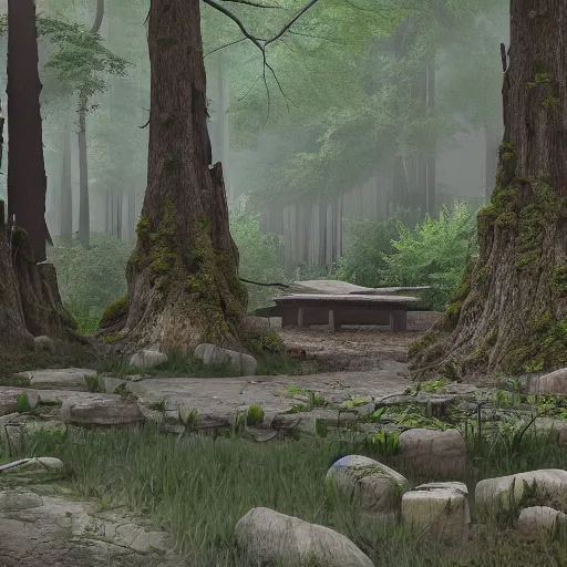 Image similar to a quiet secluded wooded area looking like a ritual site by Makoto Yukimura, digital art, unreal engine