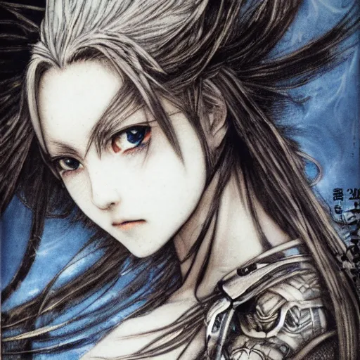 Image similar to Yoshitaka Amano realistic illustration of an anime girl with black eyes, wavy white hair fluttering in the wind and cracks on her face wearing Elden ring armour with engraving, abstract black and white patterns on the background, noisy film grain effect, highly detailed, Renaissance oil painting, weird portrait angle, blurred lost edges, three quarter view