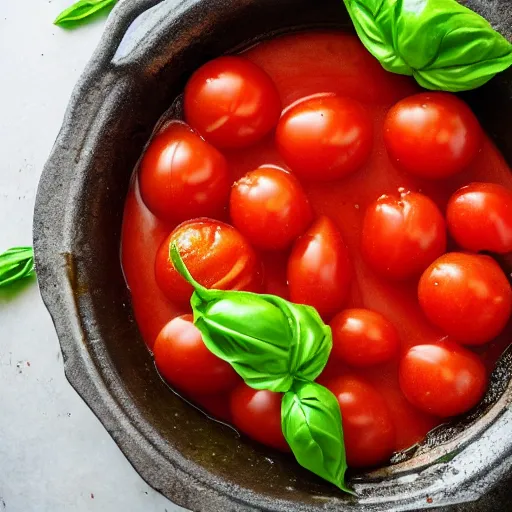 Prompt: photo of a tomato filled with mozzarella and basil, in a pool of olive oil